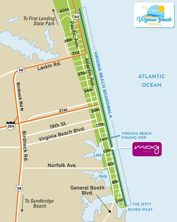 Map of Moxy Virginia Beach Oceanfront Hotel on the Virginia Beach Boardwalk