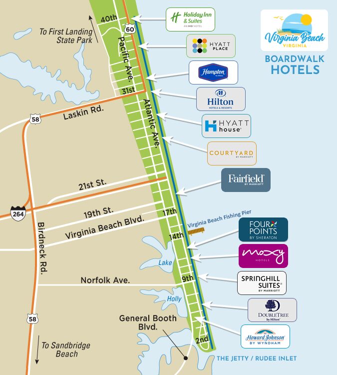 Map of Virginia Beach Oceanfront Hotels on the Boardwalk
